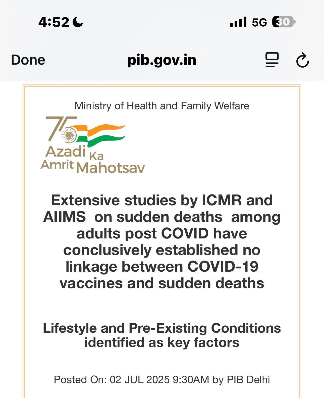 Covid 19 vaccine has no link to sudden deaths